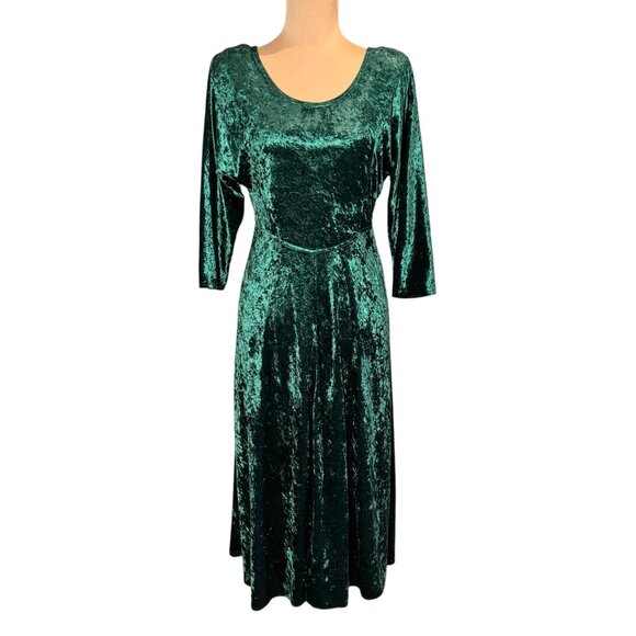 Vintage 90s Crushed Velvet Midi Dress Sz.10 Green Event Whimsigoth Holiday Boho - Picture 1 of 11
